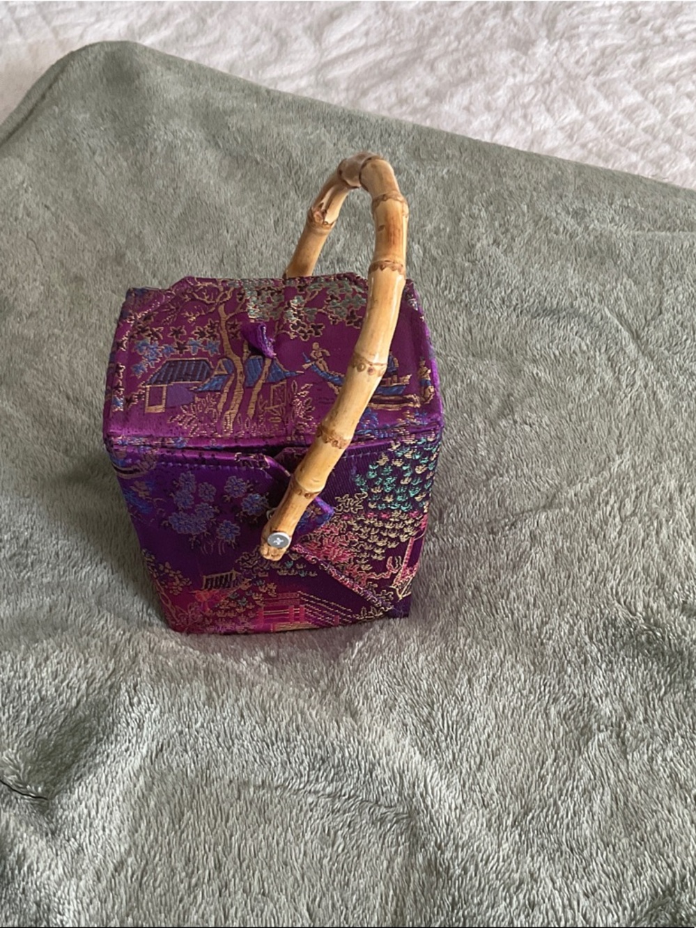 Purple Brocade Mini Box Bag with Bamboo Handle